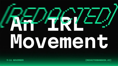 Graphic brand identity layout with large white typography reading An IRL Movement against dark green gradient backdrop