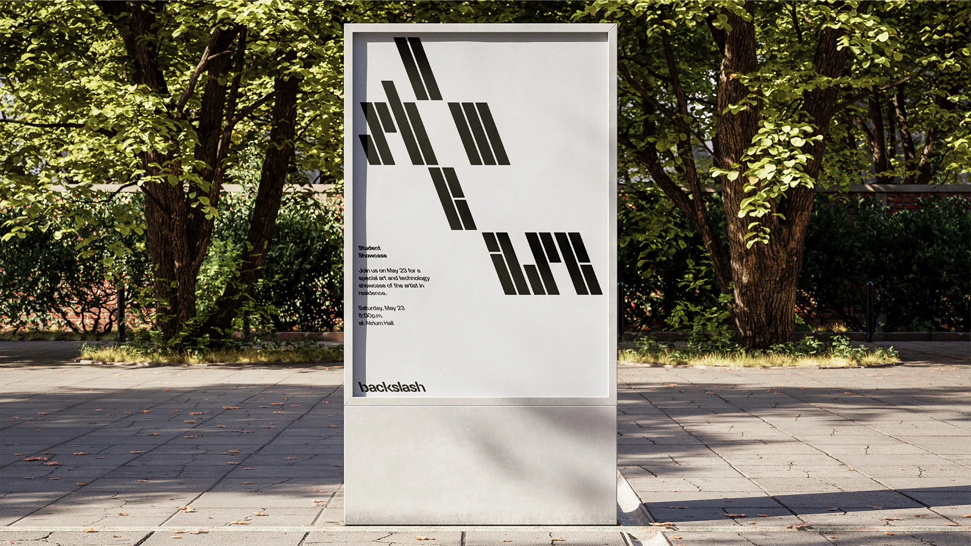 Outdoor poster display featuring a contemporary graphic design for a student art and technology showcase against a leafy green backdrop.