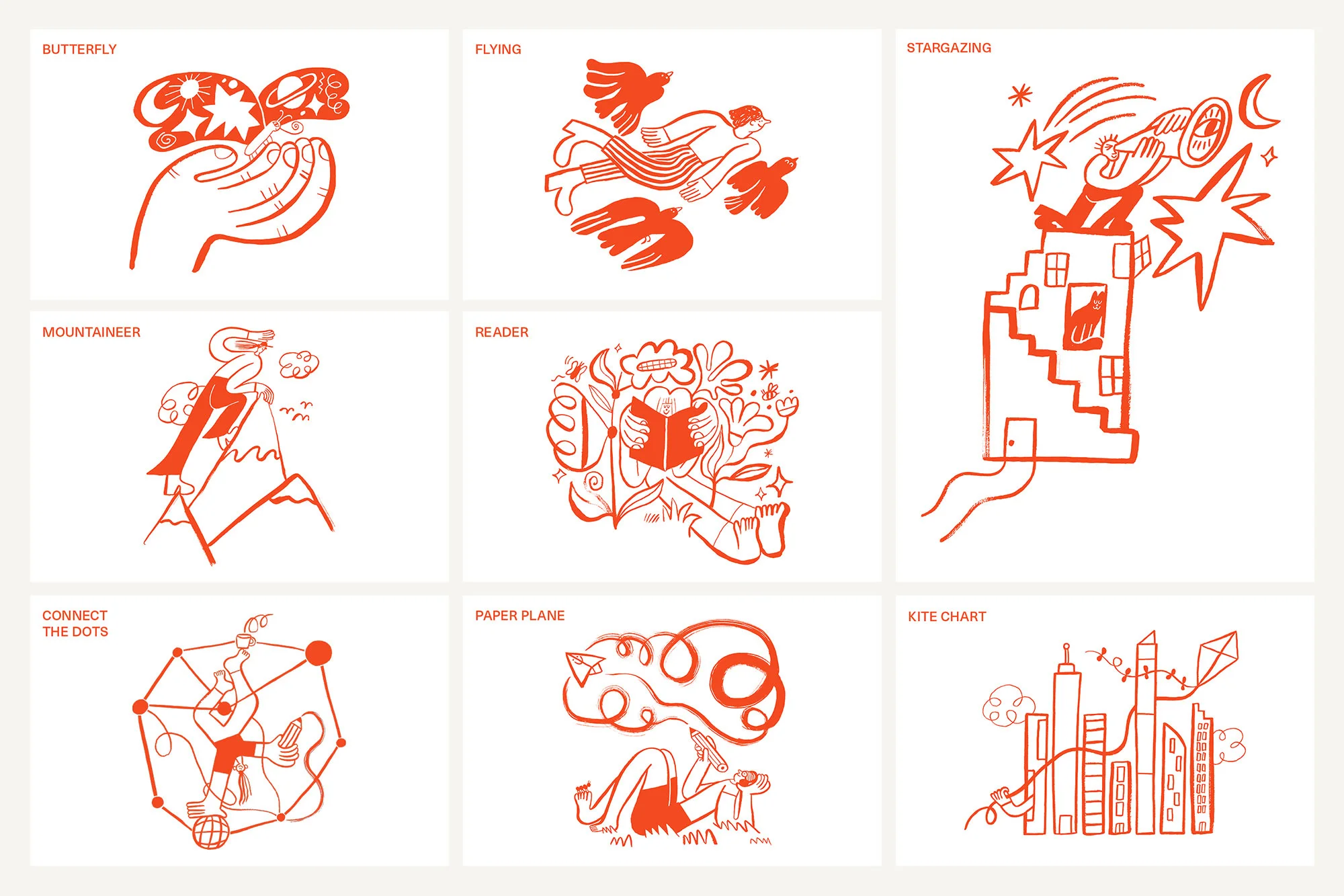 Illustrations of people and activities: person with butterfly, people flying, stargazing, climbing, reading, connecting dots, paper airplane, city kite.