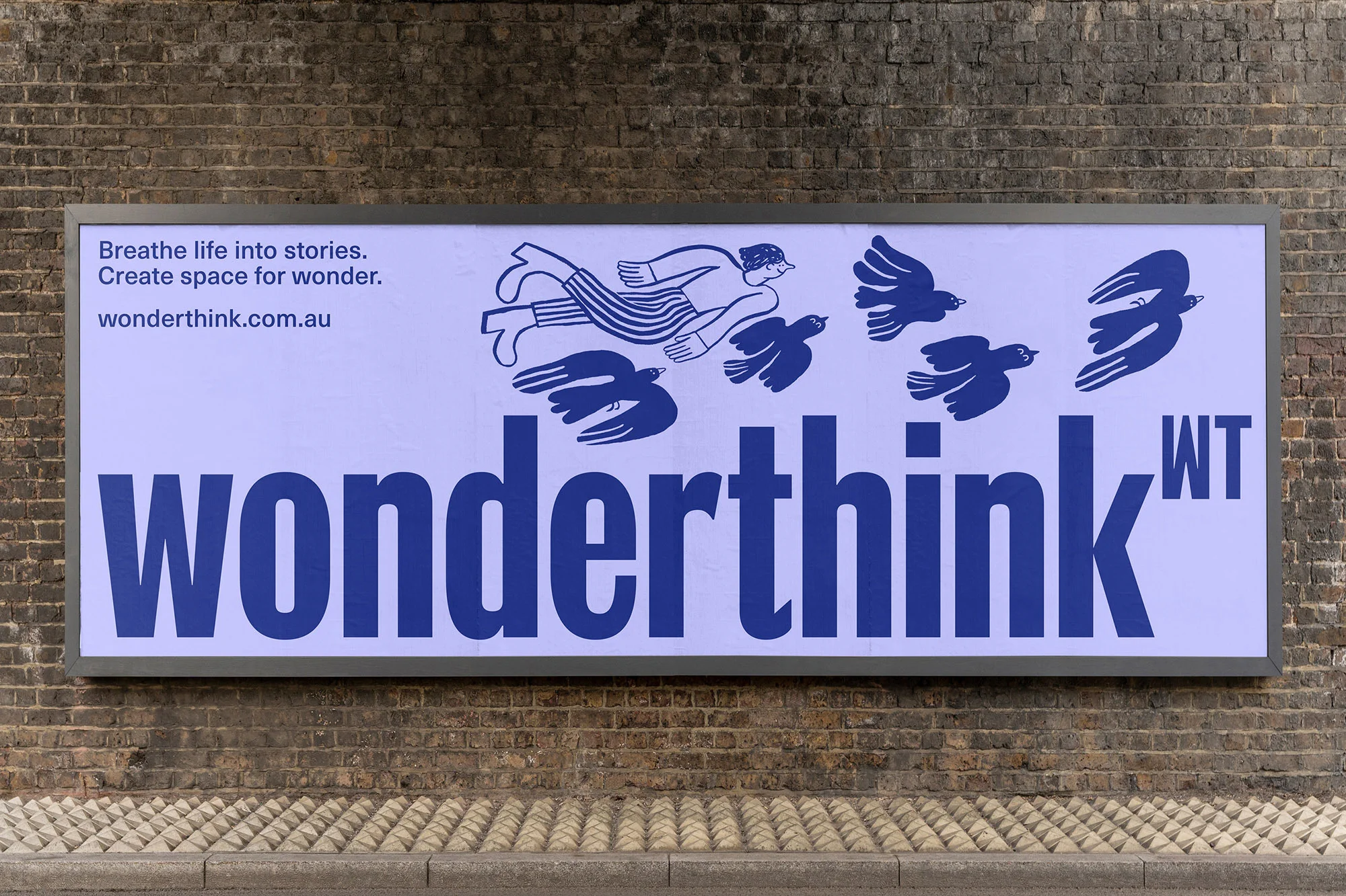 Outdoor billboard advertisement featuring an illustrated graphic of a person and birds, along with the brand name 'wonderthink' in blue text.