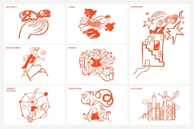 Grid of nine red line illustrations on white background created for The Contented Copywriter brand identity project.