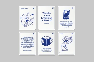 Six white cards with blue ink typography and illustrations arranged in two rows of three against a neutral grey background
