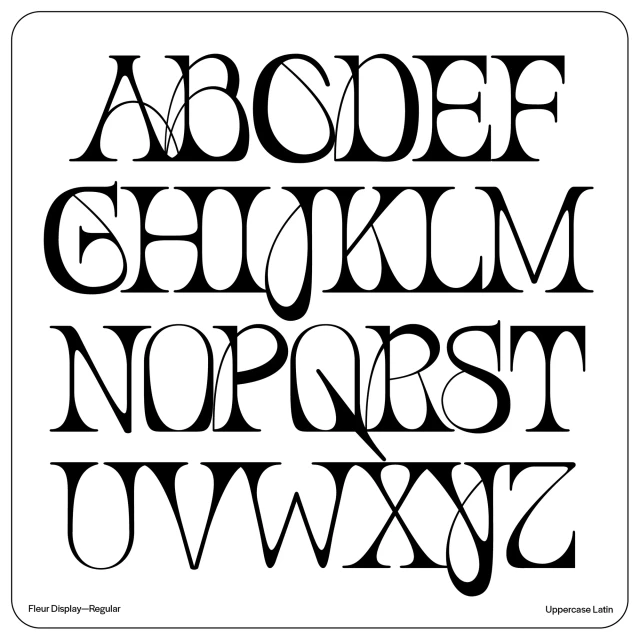 Graphic black and white image of an ornate uppercase alphabet display, presented as typography on a white background in a square frame.