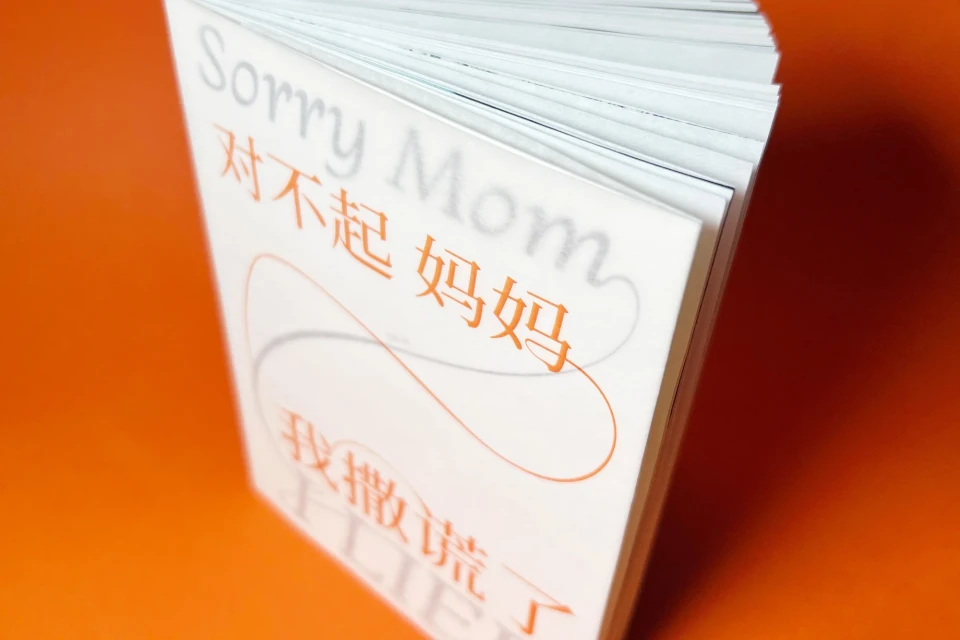 Close-up of a book with the title 'Sorry Mom' in English and Chinese on an orange background, showcasing typography and book design.