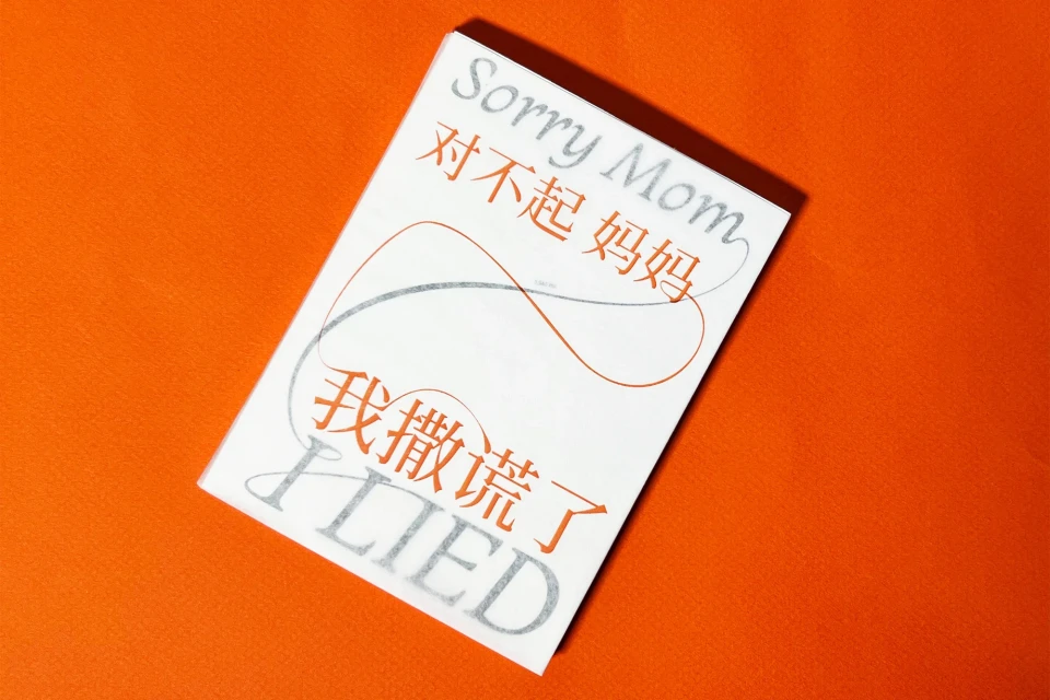 Book cover on an orange background with the text 'Sorry Mom', a curved line, and the text 'I Lied'.