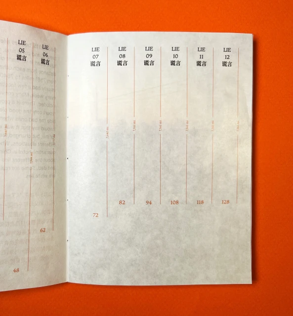 Open book with columns labeled 'LIE' and numerical values on a bright orange surface, creating a minimalist and clean aesthetic.