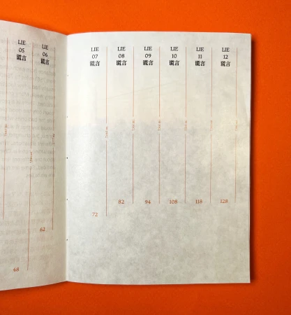 Open book with columns labeled 'LIE' and numerical values on a bright orange surface, creating a minimalist and clean aesthetic.
