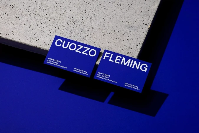 Two blue business cards with white text for 'Cuozzo' and 'Fleming' names sit on a concrete surface next to a dark blue background.