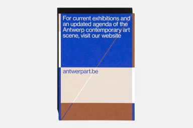 Graphic poster design featuring bold blue, beige, and brown color blocks with typography against a white background.