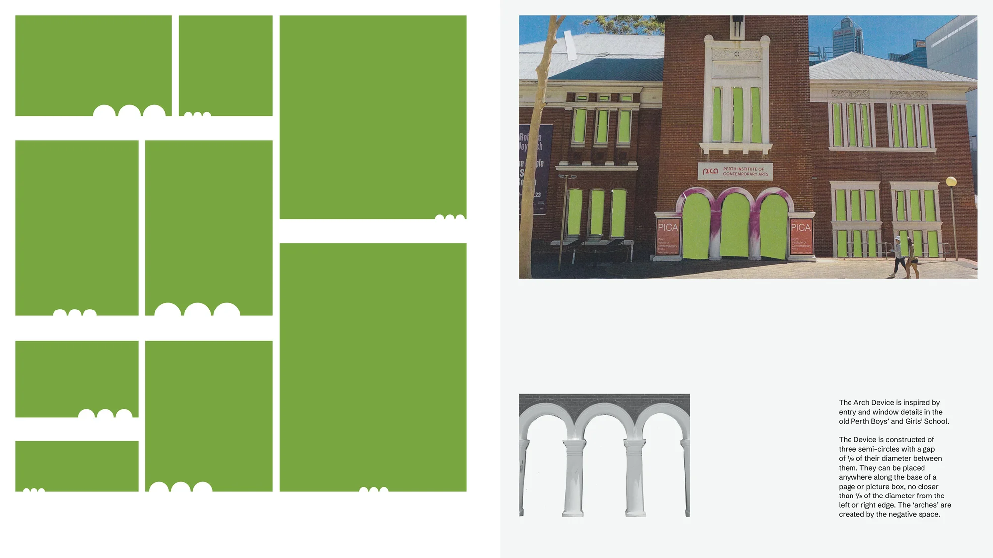 Architectural design study featuring a building facade with greened-out windows and a graphic mock-up with architectural forms.