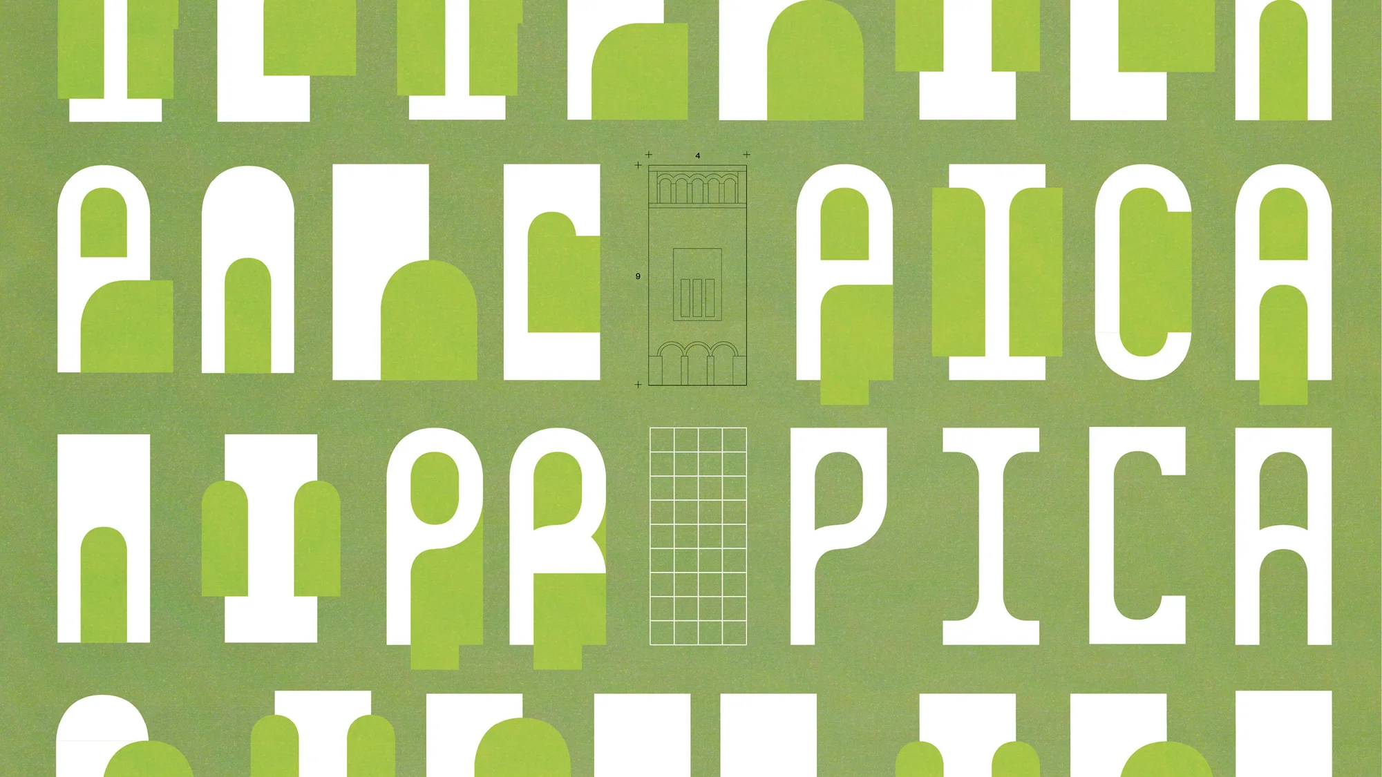 Graphic art in green and white featuring architectural drawing of a building, set against a textured green background with scattered lettering.