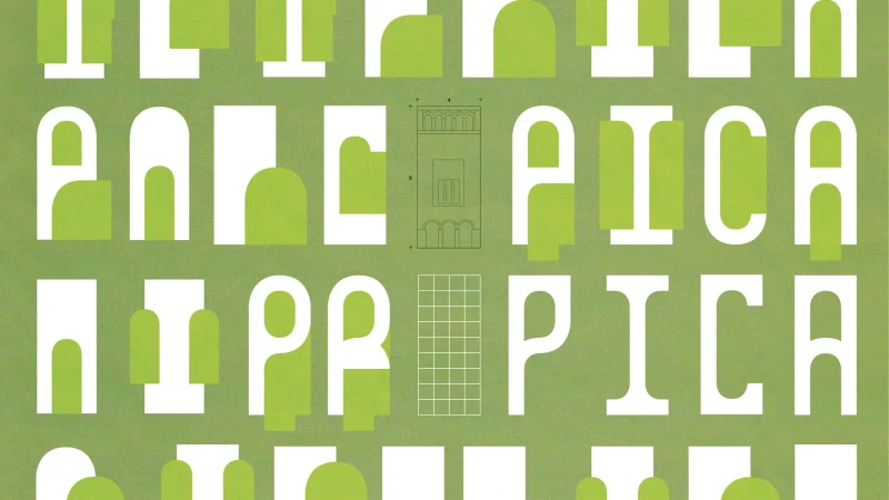 Graphic art in green and white featuring architectural drawing of a building, set against a textured green background with scattered lettering.