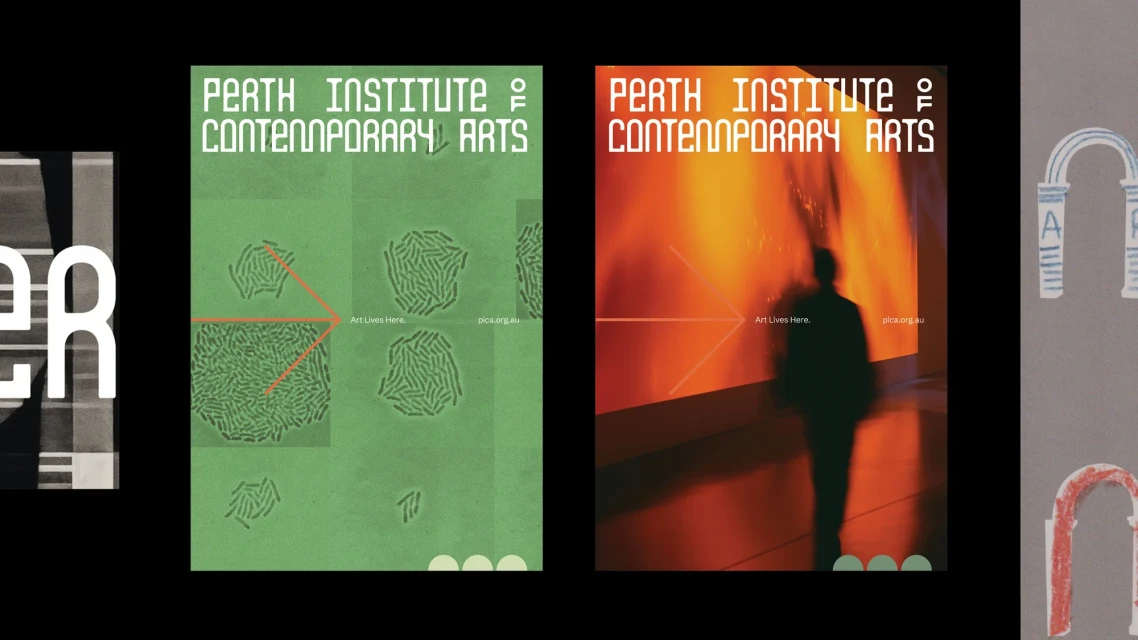Perth Institute of Contemporary Arts promotional image featuring overlaid graphics, typographic elements, and human silhouette against an orange wall.
