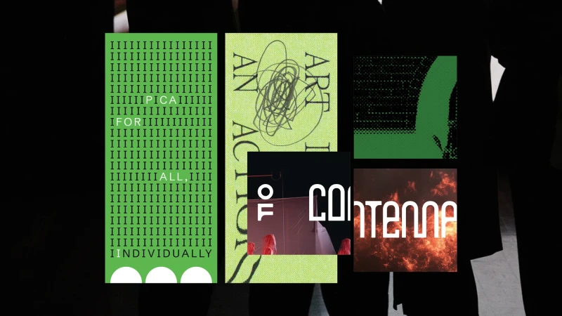 Artistic collage featuring graphic design elements, including posters with text and abstract patterns, with contrasting light and dark elements.