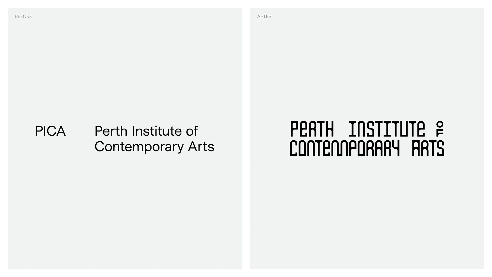 Split screen shows logo redesign for Perth Institute of Contemporary Arts (PICA), featuring modern typography and a minimalist design.