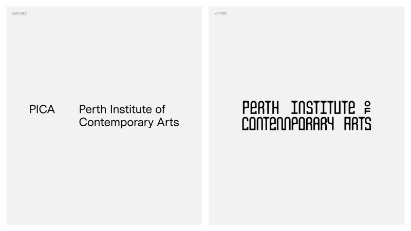 Split screen shows logo redesign for Perth Institute of Contemporary Arts (PICA), featuring modern typography and a minimalist design.