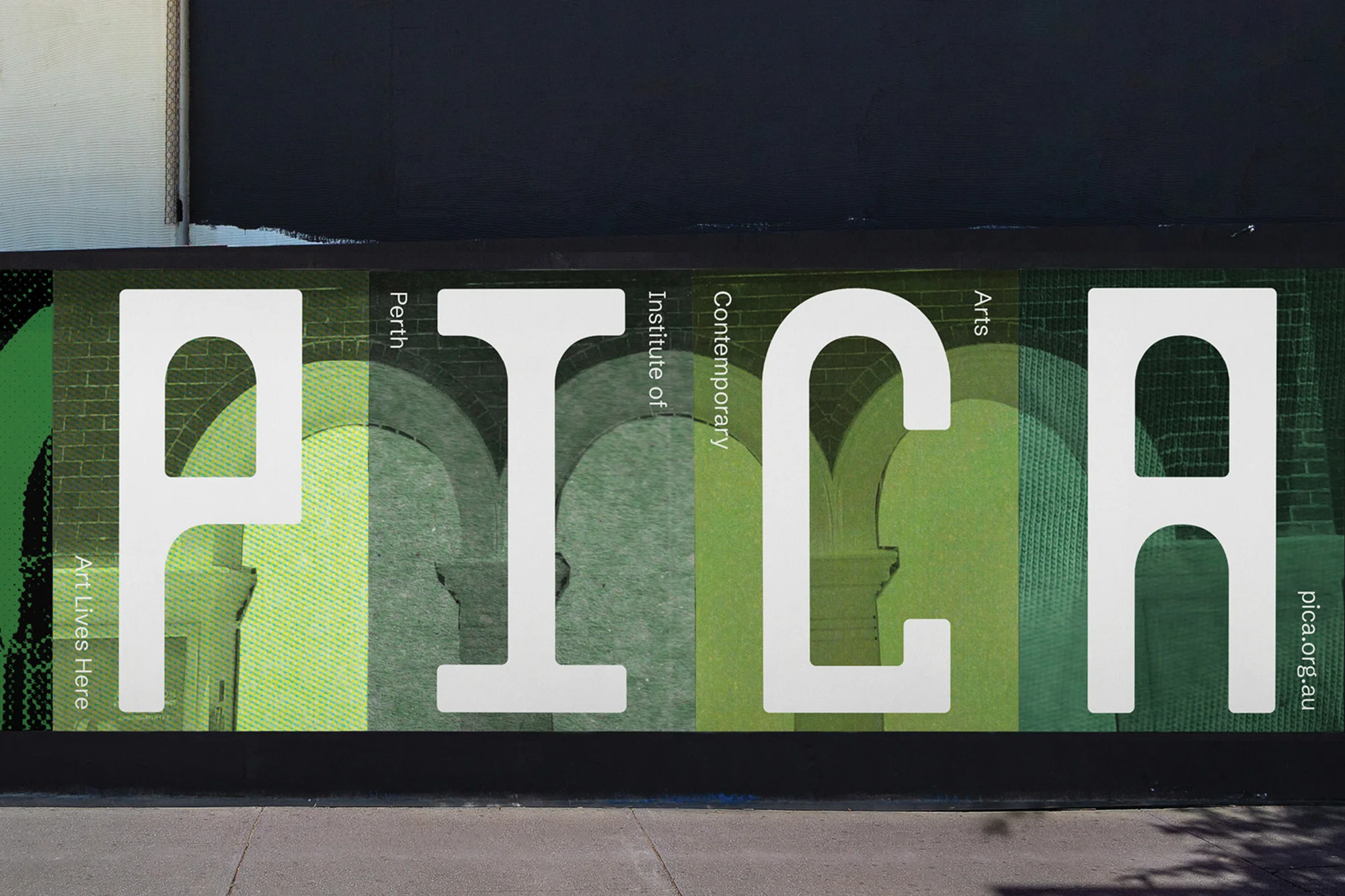 PIca (Perth Institute of Contemporary Arts) signage on building exterior, featuring geometric patterns and bold typography.