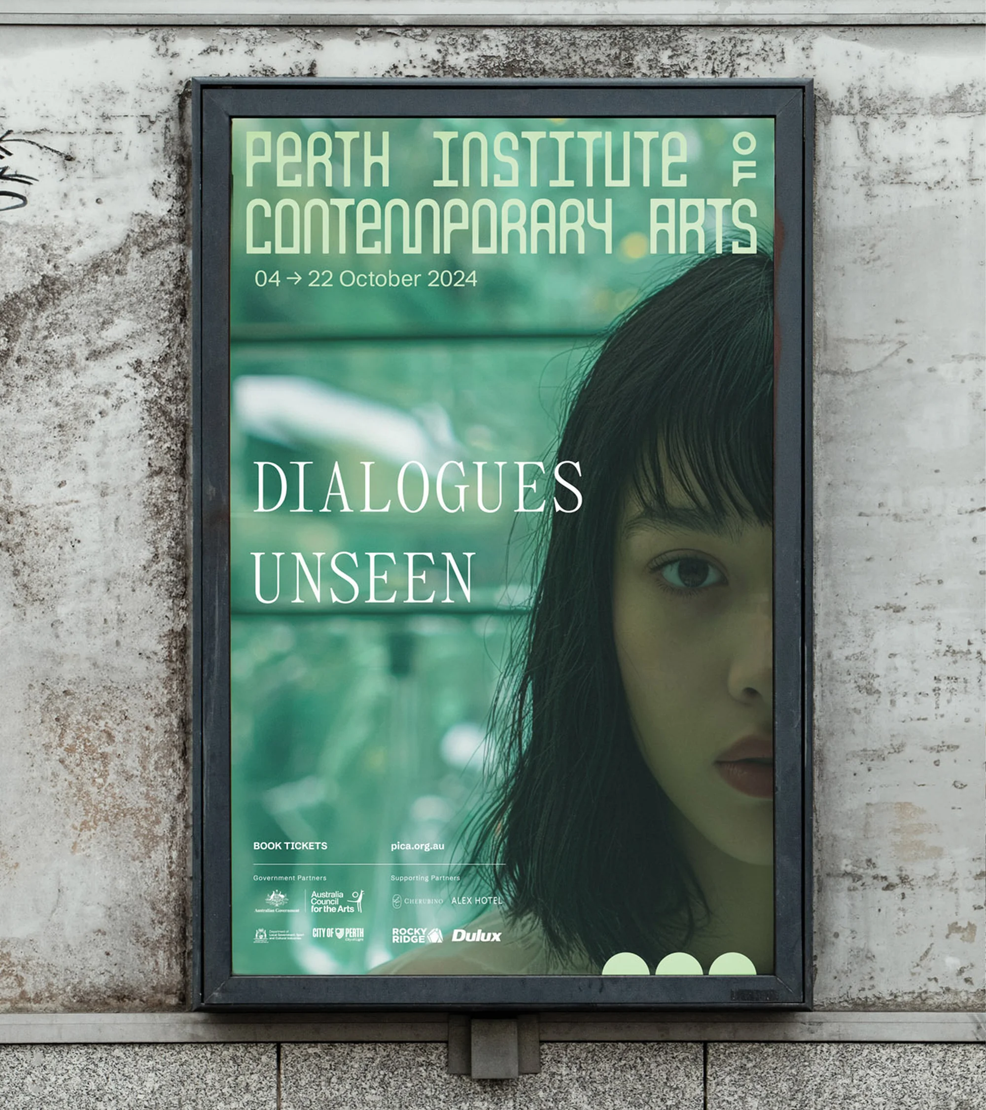 Poster featuring a woman's face at the Perth Institute of Contemporary Arts, advertising the 'Dialogues Unseen' exhibit for October 2024.
