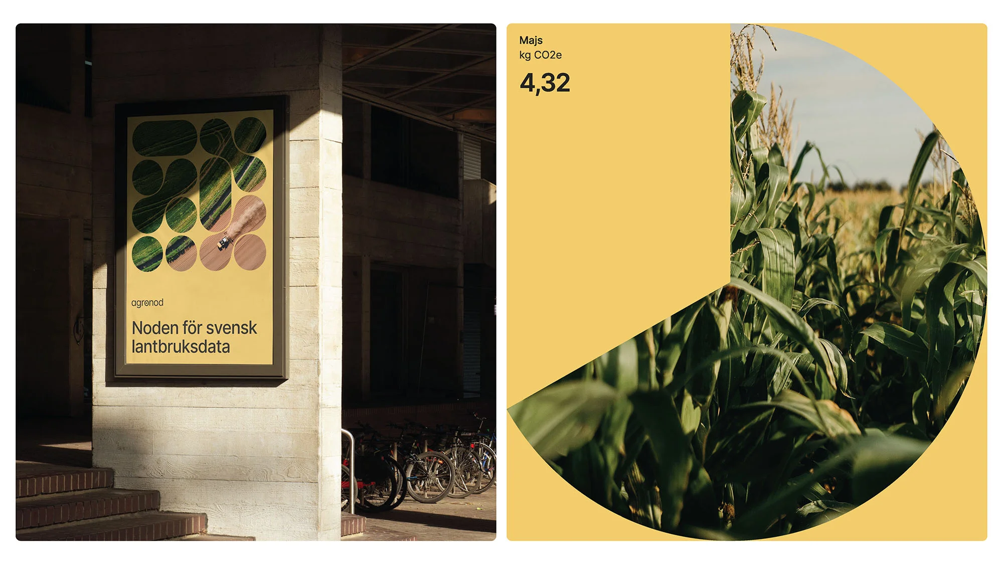 Outdoor ad features agricultural data by Agronod with green fields and crops on a yellow background, paired with statistics displayed.