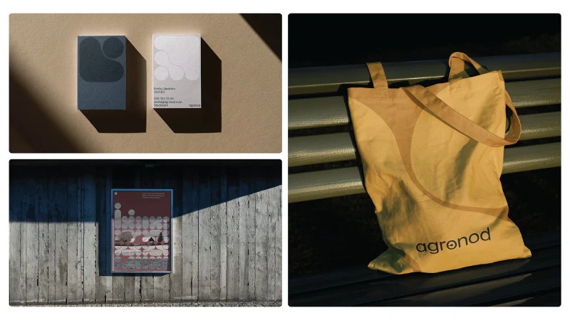 Collage of a tote bag on a bench, business cards, and a poster mounted on a wall, all featuring a minimalist graphic design.