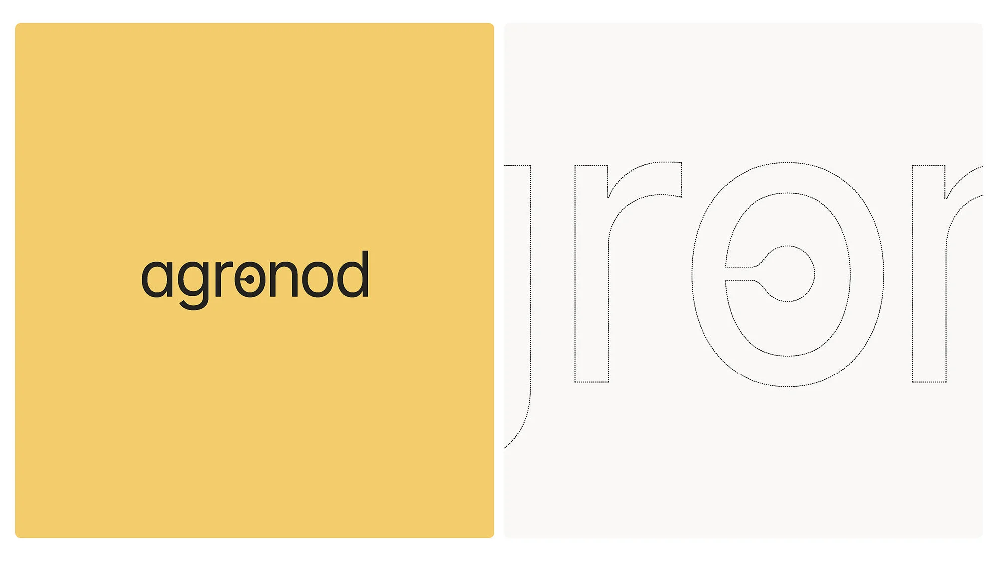 A logo of 'agronod' displayed on a gold background, juxtaposed with a white background featuring line-art of the word 'neuron'.