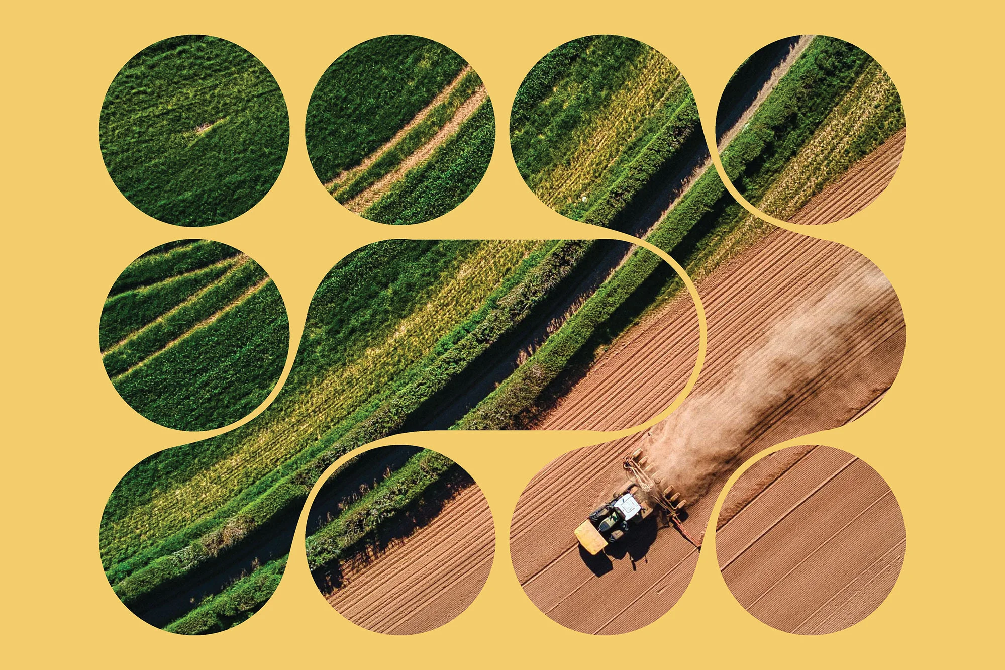 Aerial view of tractor tilling soil in a field with green crops, organized in circular and rounded shapes against a yellow background.