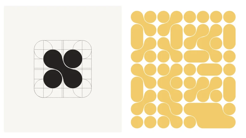Abstract graphic design featuring a geometric pattern with connected circles and rounded rectangles on a light background, minimalist style.