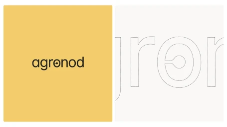 Agronod brand identity featuring minimalist typography and a yellow color block next to a close-up outline view
