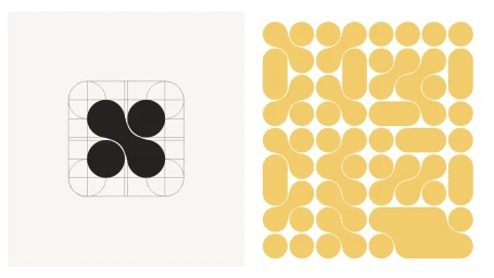 Agronod brand identity showcasing a black organic logo mark with construction grids alongside a yellow pattern made of rounded shapes.