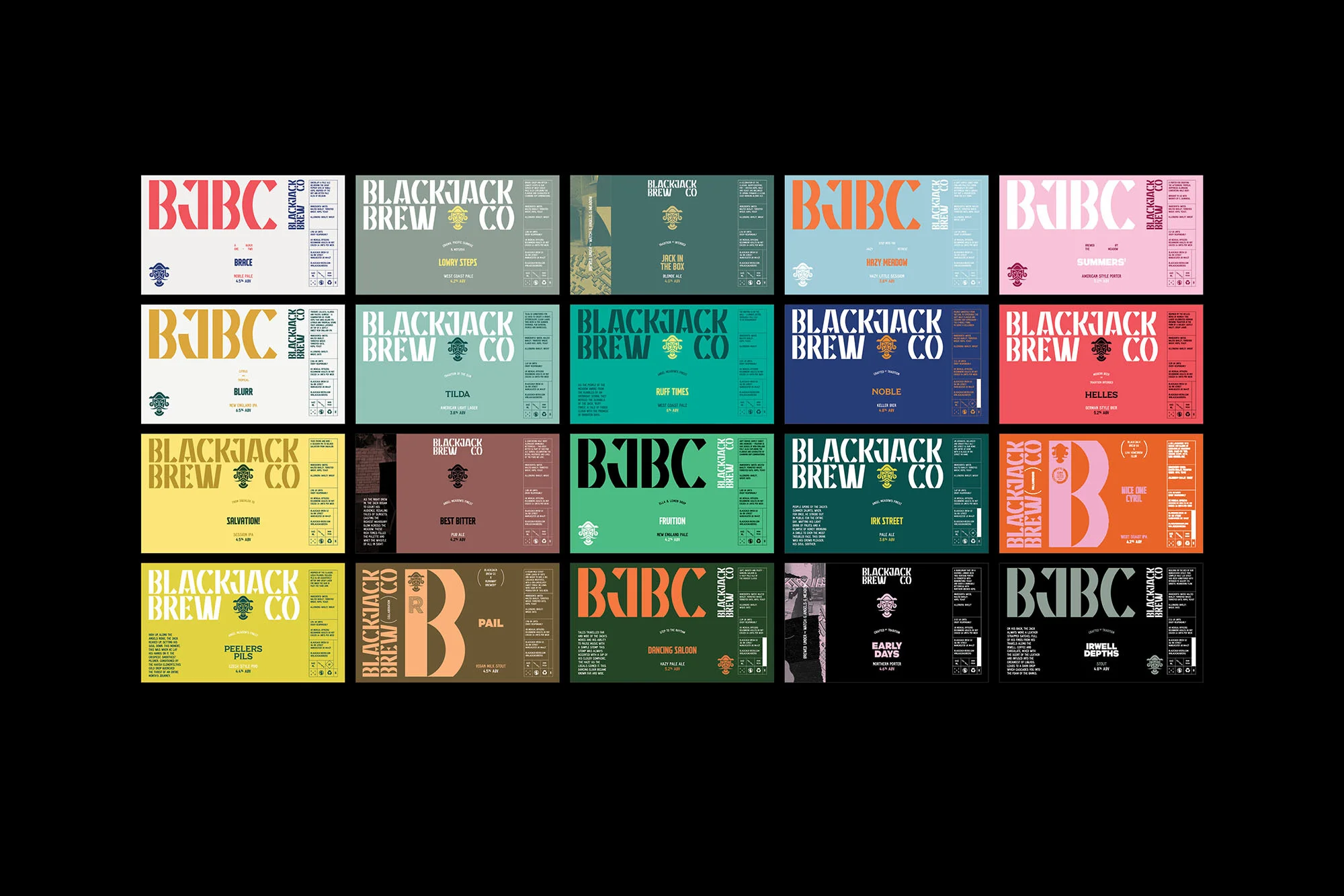 Collection of Blackjack Brew Co beer label designs in various colors and styles featuring the brewery logo, product name, and descriptions.