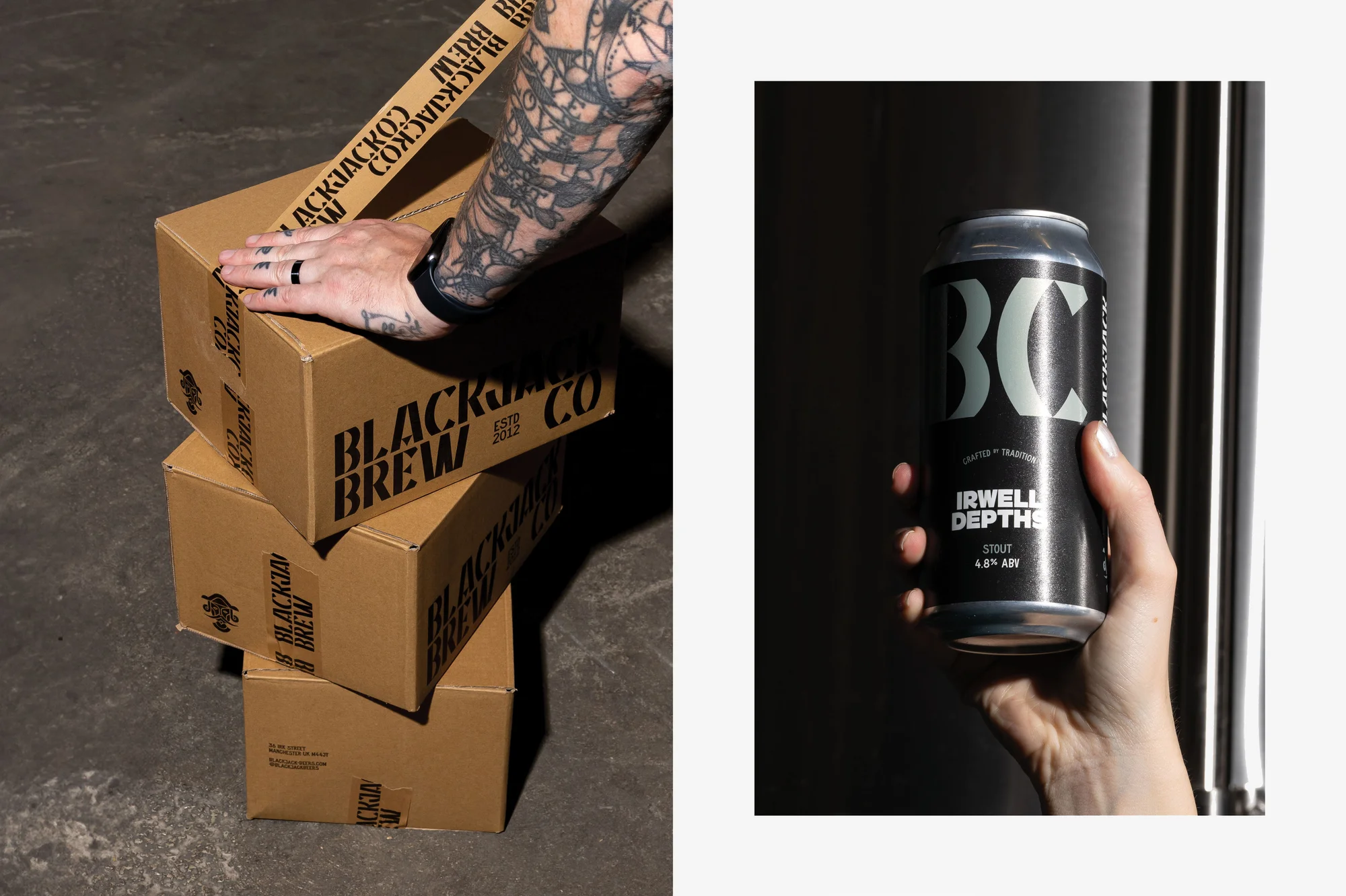 Close-up of hand holding stout beer can next to stacked boxes of beer from BlackJack Brew Co., in a studio setting with dim lighting.