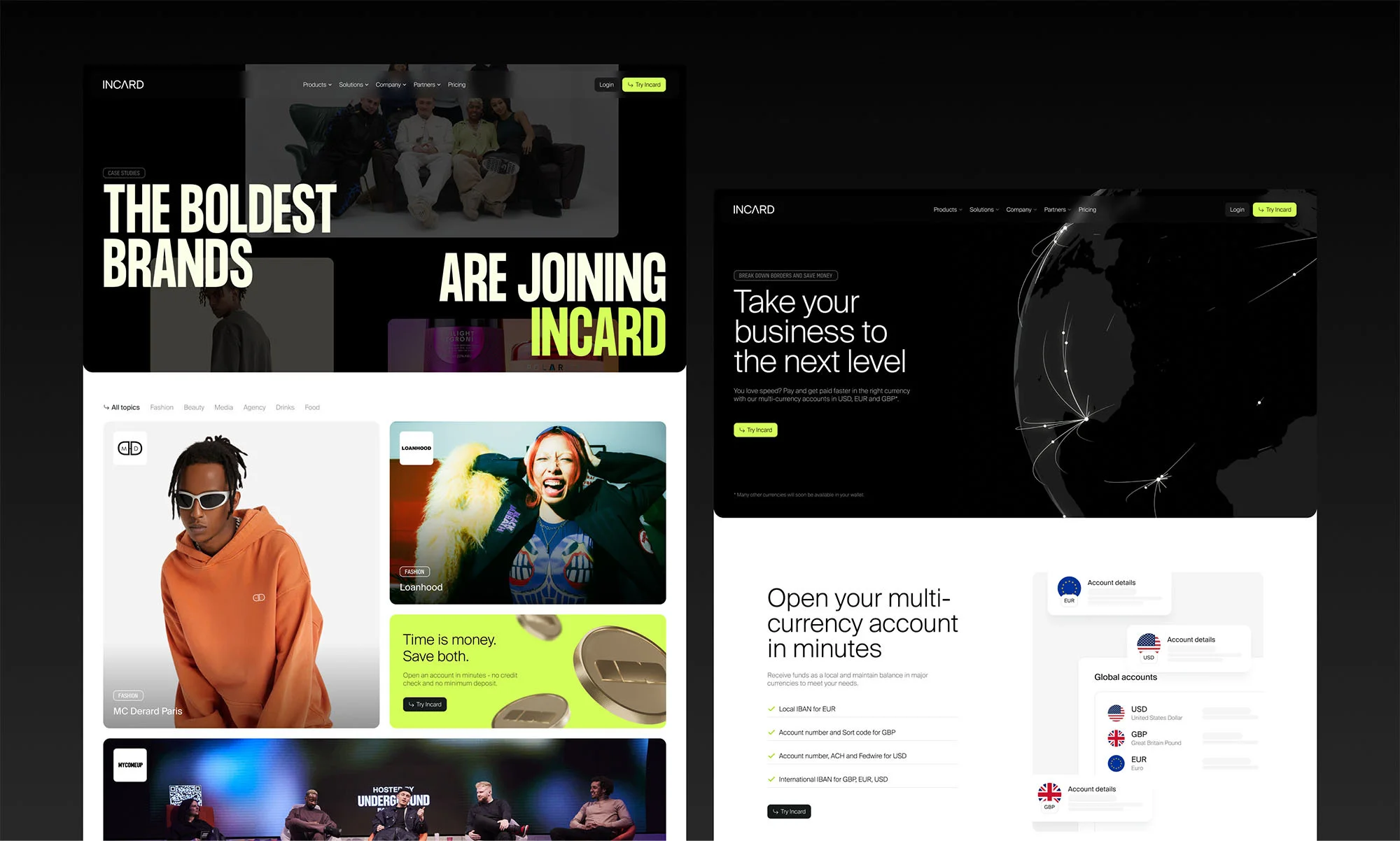 Collage of Incard webpages featuring diverse individuals and promotional text, emphasizing business and multi-currency accounts.