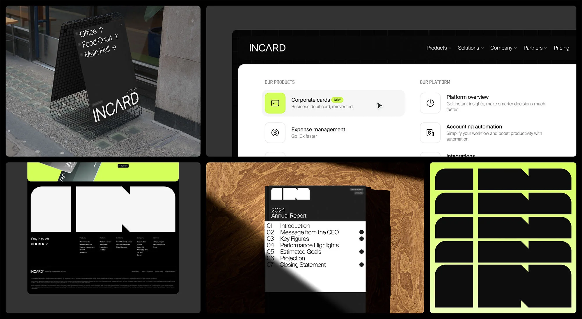 Collage of Incard product advertisement shows signage, website, annual report, and logo on wood, using black, white, and chartreuse.