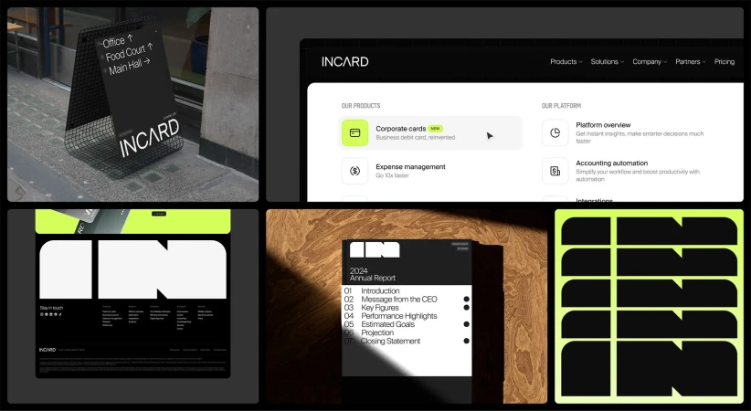 Collage of Incard product advertisement shows signage, website, annual report, and logo on wood, using black, white, and chartreuse.