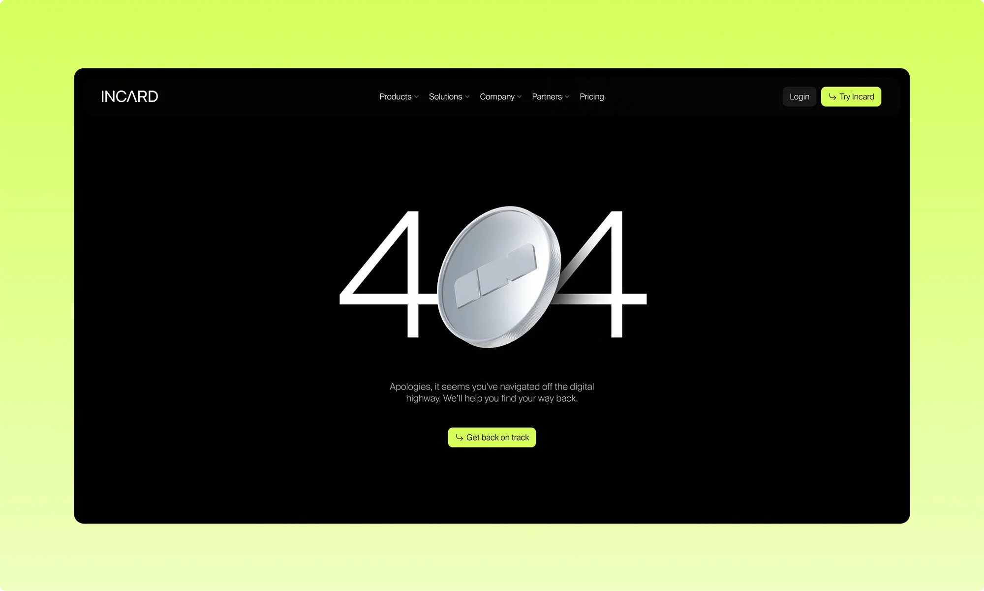 404 error page with digital coin on black background. Website design shows Incard logo, navigation, and a 'Get back on track' button.