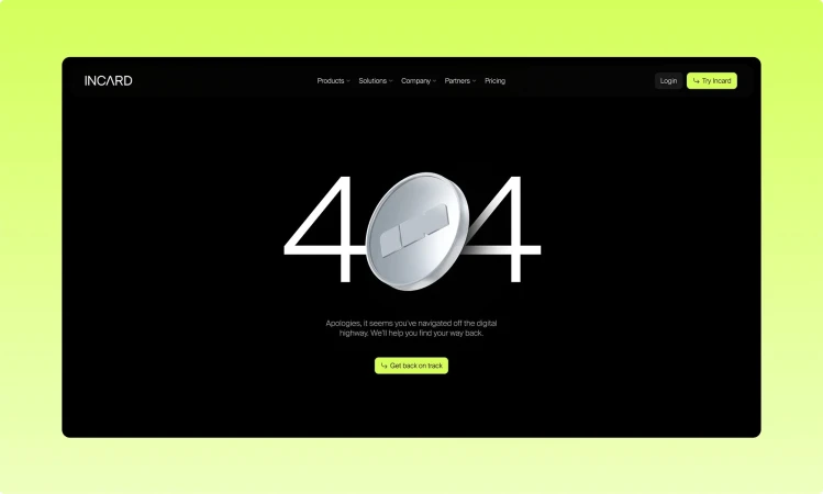 404 error page with digital coin on black background. Website design shows Incard logo, navigation, and a 'Get back on track' button.