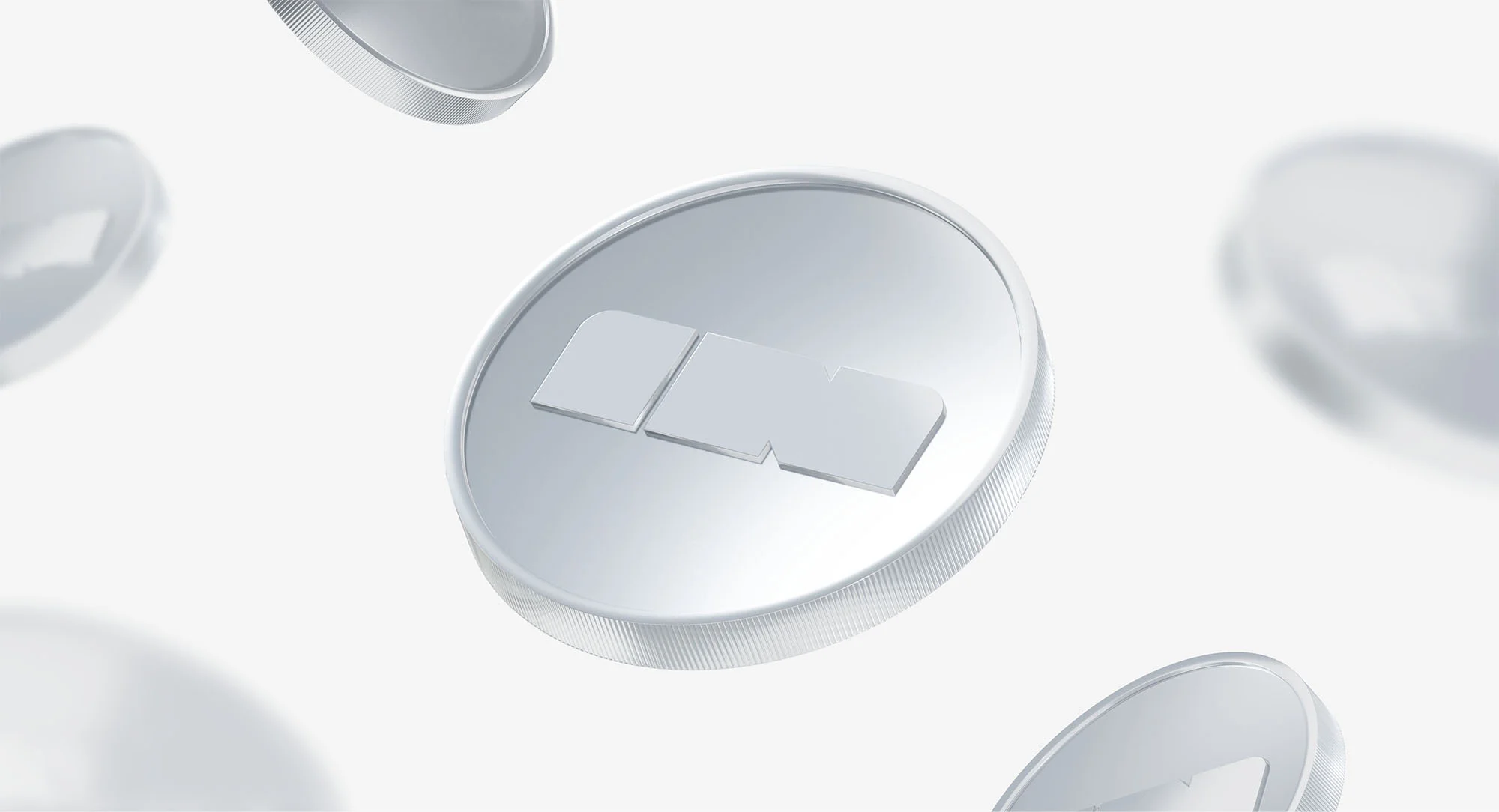 Illustration of a digital silver coins with a square logo floating in a white space to represent blockchain technology and cryptocurrency.