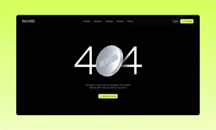 Incard brand identity 404 error page web design with a central coin icon and glowing green accents on a dark background.