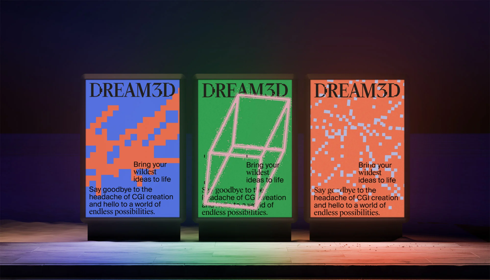 Three illuminated signs featuring the 'DREAM3D' logo and text are showcased against a dark background on a stage with colorful floor lights.