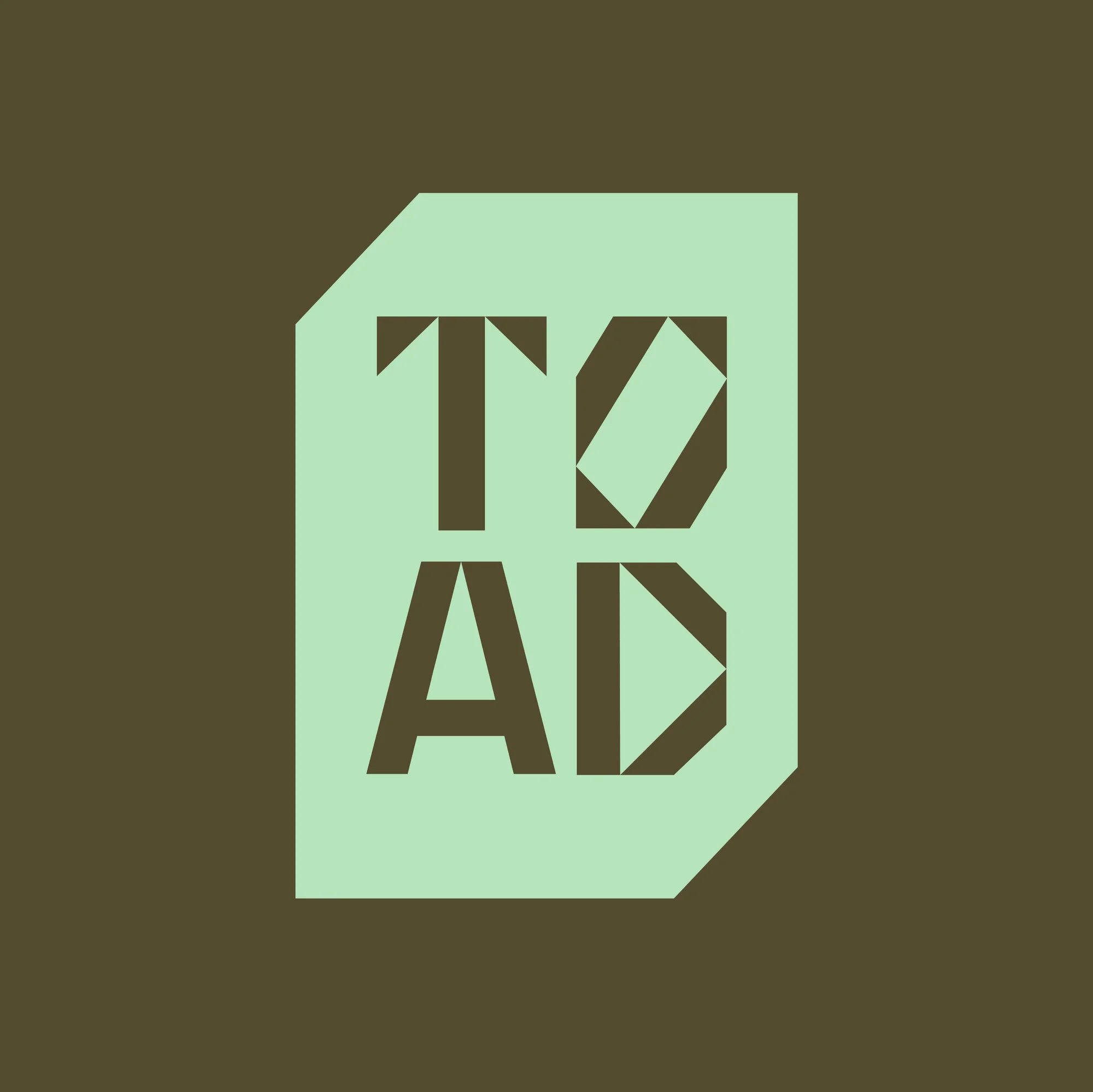 Geometric logo design with the word 'TOAD' in stylized, blocky lettering set against a light green, irregularly-shaped background.