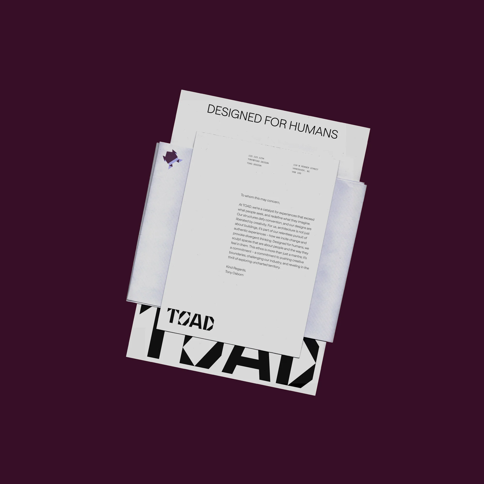 Close-up of letterhead, stationery, and branding for Toad, featuring design and text elements on white paper against a dark background.