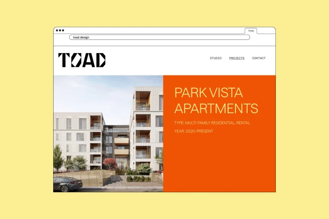 Web design of Park Vista Apartments, featuring modern building architecture, black car, and text overlay on a pale yellow background.