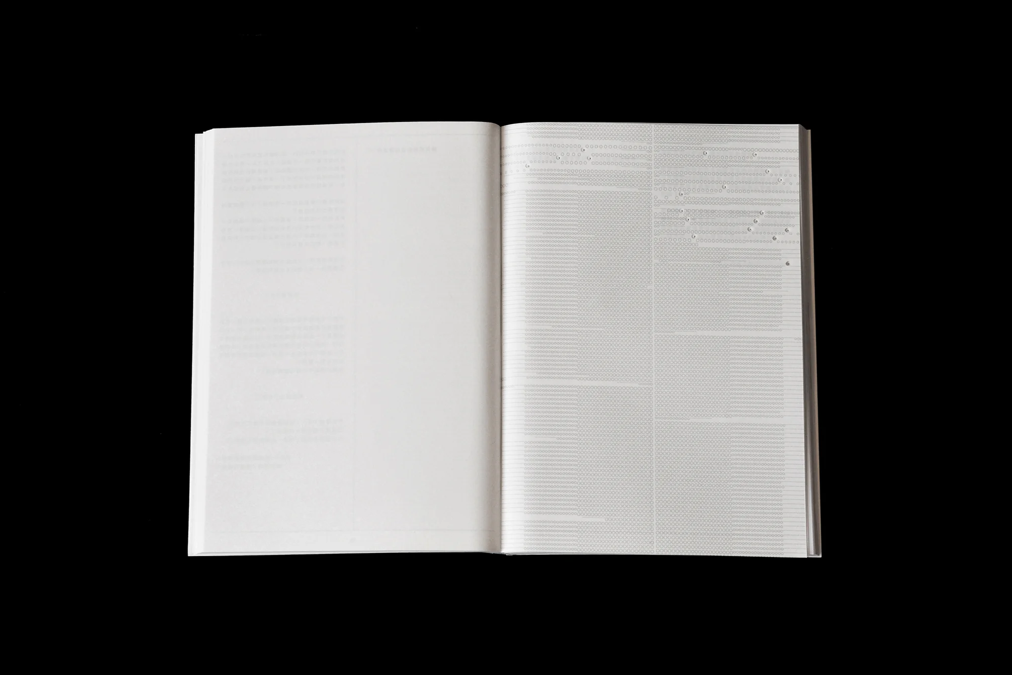 Open book with patterned right-hand page against a stark black background, illuminated to highlight texture and form.