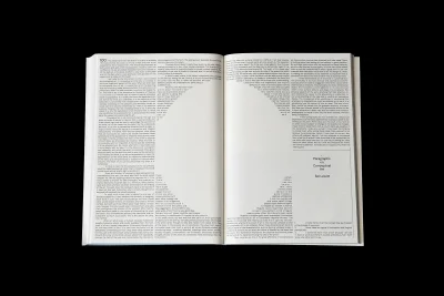 An open book displaying paragraphs on conceptual art by Sol LeWitt with shaped typography across pages.