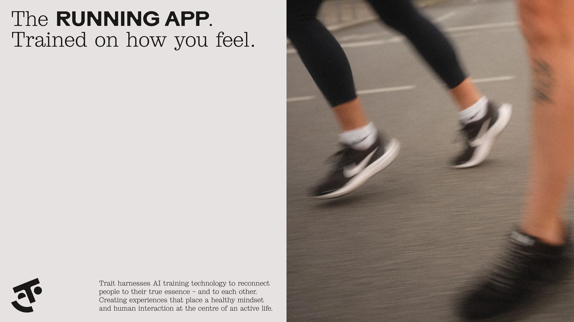 Close-up of two people running on an asphalt road, legs and feet visible, showcasing running shoes and sportswear, promoting a running app.