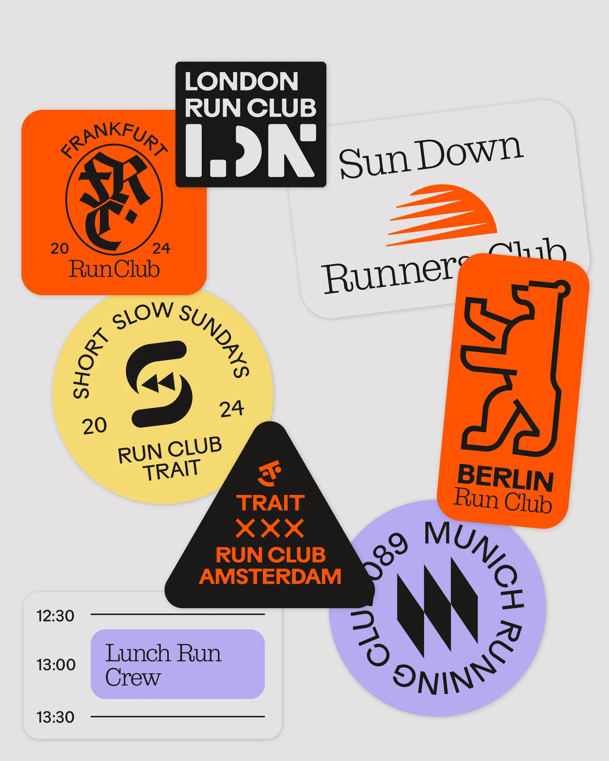 Collection of vibrant stickers featuring run club logos from cities like London, Berlin, Frankfurt, and Munich, promoting running events.