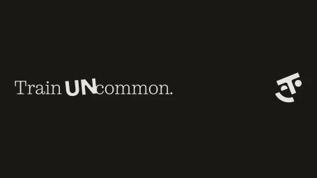 White typography reading Train UNcommon on a solid dark background with a graphic logo icon on the right