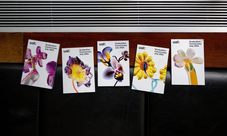 Five UAL graduation ceremony announcements for July 2024 feature abstract floral designs on a dark surface, horizontal composition.