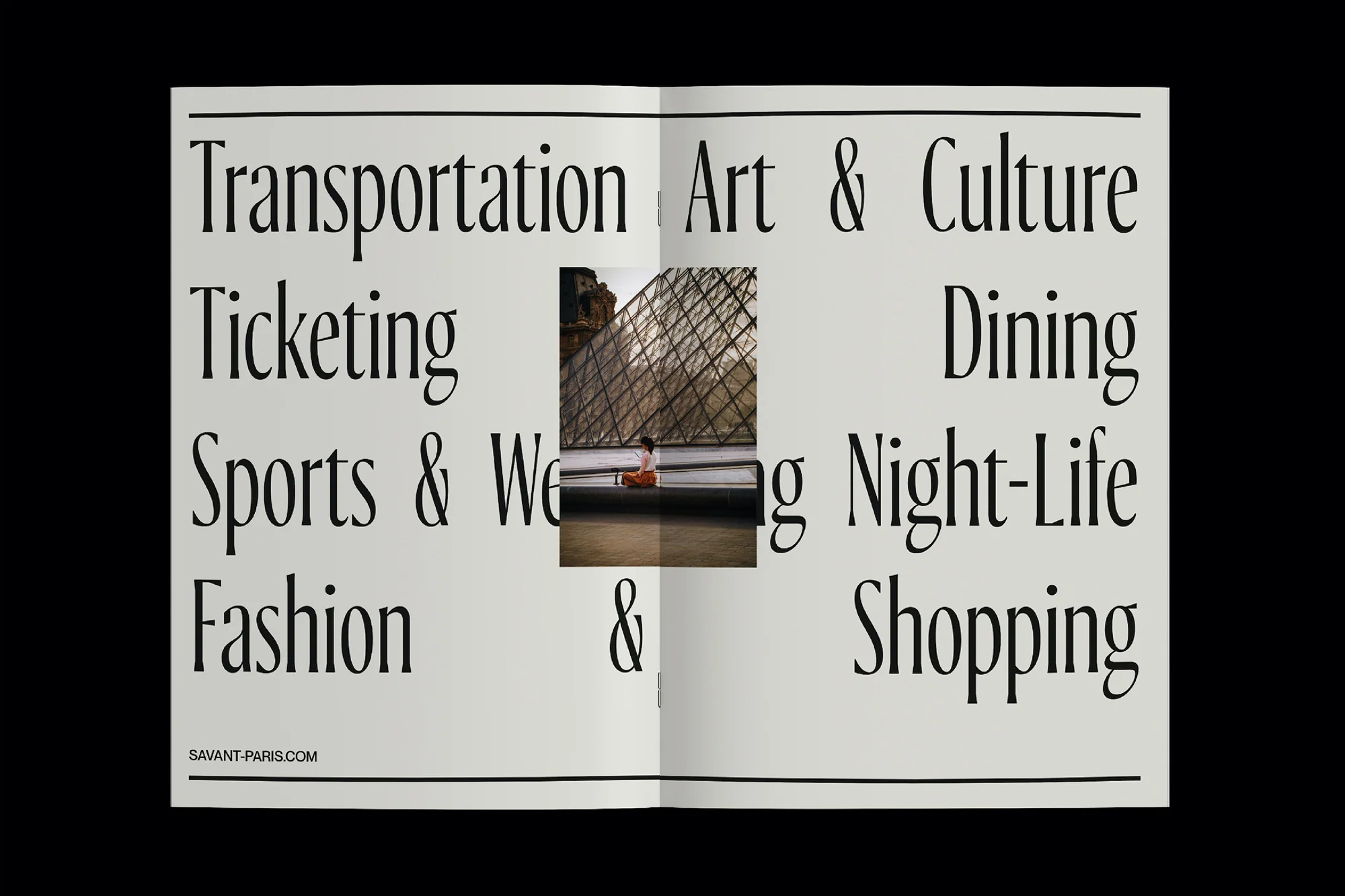 Magazine spread featuring a woman sitting near the Louvre Pyramid, amidst travel and culture-related headings and website address.