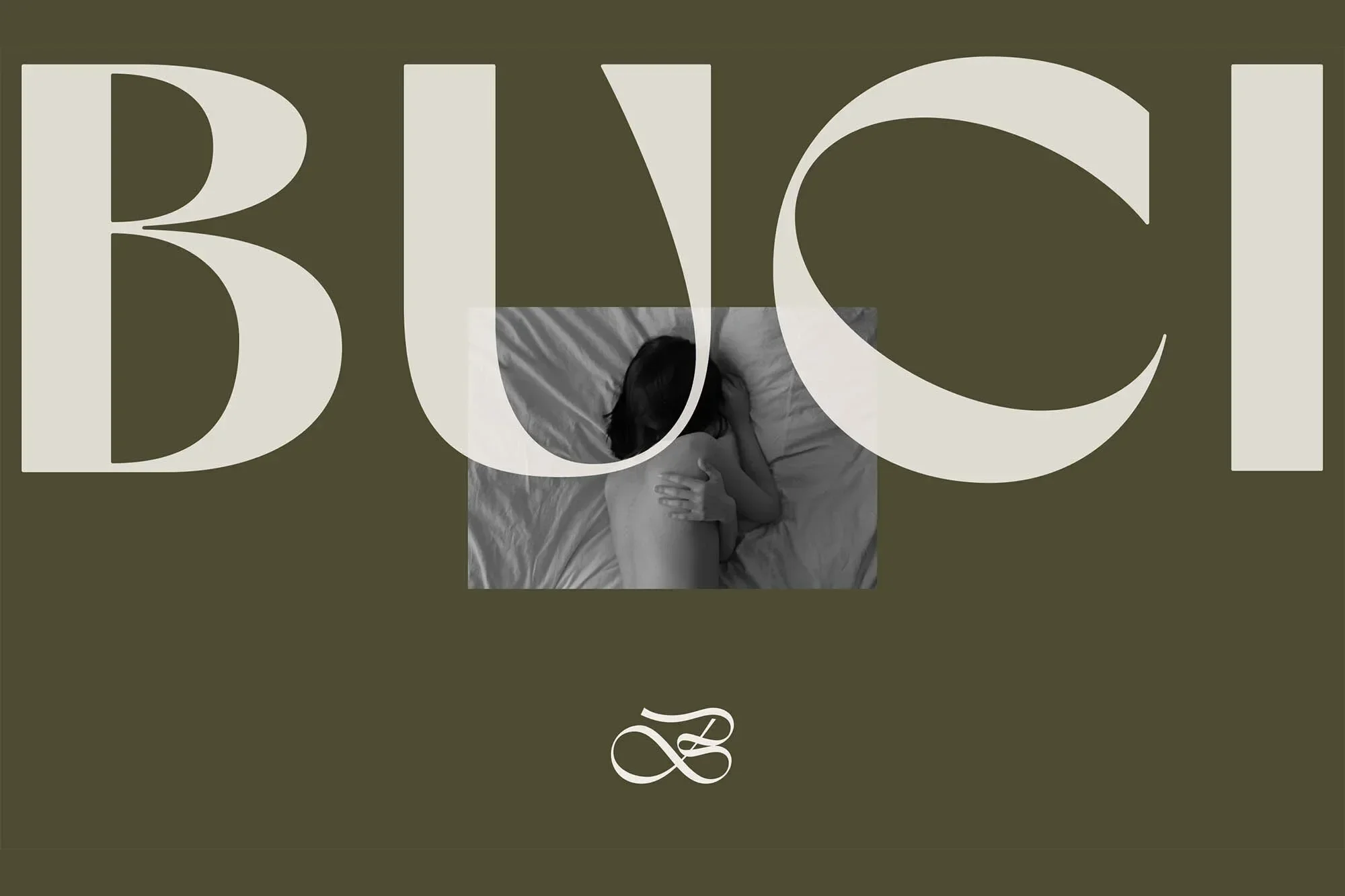 Conceptual image with typography, featuring an undressed person on a bed with neutral tones creating a calm and serene aesthetic.